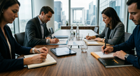 Des dirigeants de PME lorraines discutant autour d'une table, symbolisant l'action patronale collective et la mutualisation des forces face à la crise économique.