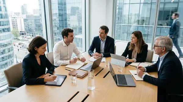 Illustration d'un groupe de professionnels diversifiés en réunion, symbolisant un advisory board PME, discutant de stratégies de croissance et de gouvernance agile autour d'une table.
