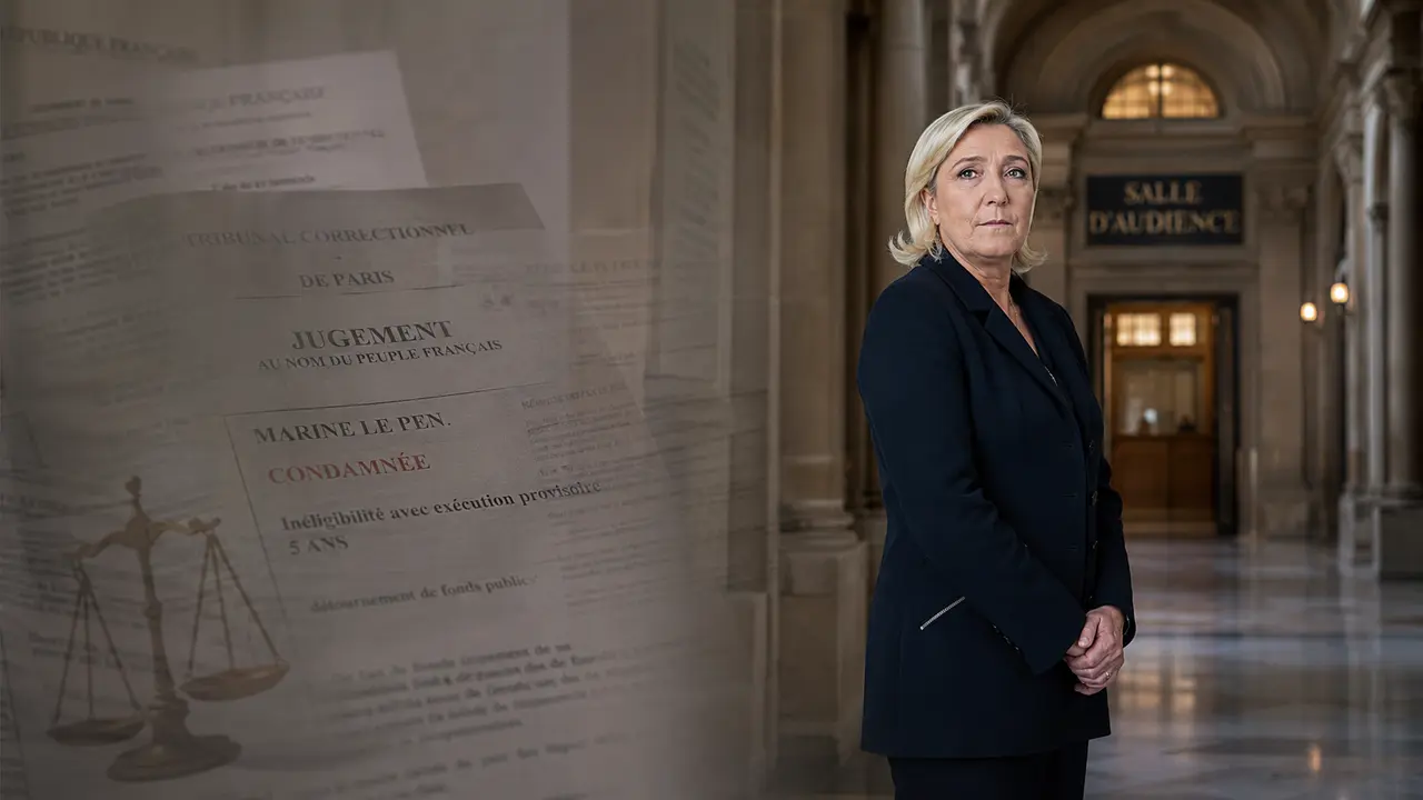 Illustration éditoriale réaliste représentant Marine Le Pen debout dans un couloir de tribunal, avec en arrière-plan une salle d’audience, des documents de jugement, une balance de justice et des références à une condamnation judiciaire, dans un style presse neutre et institutionnel.