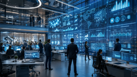 Centre de pilotage d’une grande entreprise dans un environnement technologique avancé, où équipes, tableaux de bord numériques géants et systèmes automatisés illustrent l’intégration massive de l’intelligence artificielle dans les opérations stratégiques.
