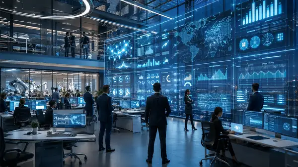 Centre de pilotage d’une grande entreprise dans un environnement technologique avancé, où équipes, tableaux de bord numériques géants et systèmes automatisés illustrent l’intégration massive de l’intelligence artificielle dans les opérations stratégiques.