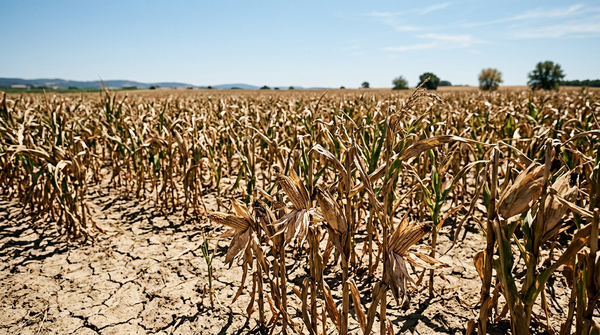 Champ de blé asséché illustrant l'impact de la canicule et l'agriculture française pertes de rendement.