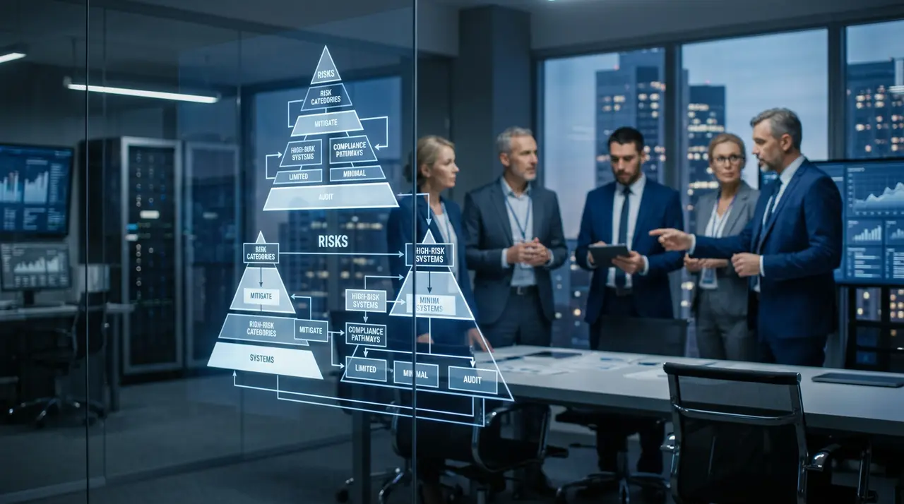 Infographie sur la pyramide des risques et le calendrier de conformité AI Act entreprise pour les PME.