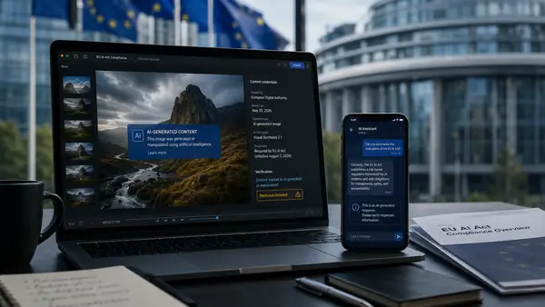 Ordinateur affichant une étiquette de contenu généré par IA devant les institutions européennes.