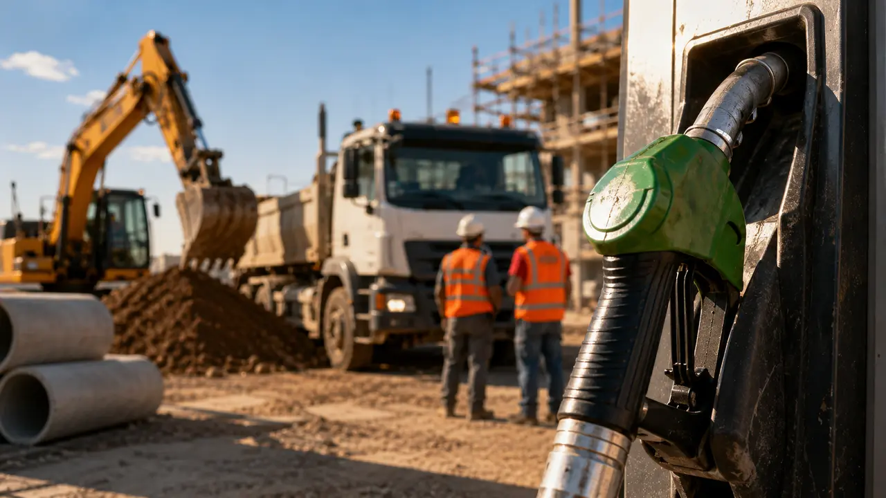 Engins de chantier et pompe à carburant illustrant l’aide GNR pouvant atteindre 4 000 euros pour certaines PME du BTP en 2026.