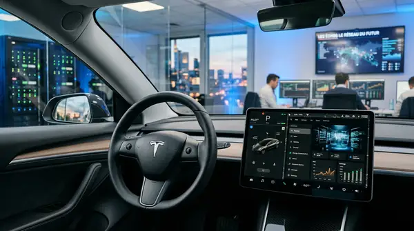 Capteur Tesla Vision analysant une collision pour déclencher des airbags plus rapides grâce à l'IA.