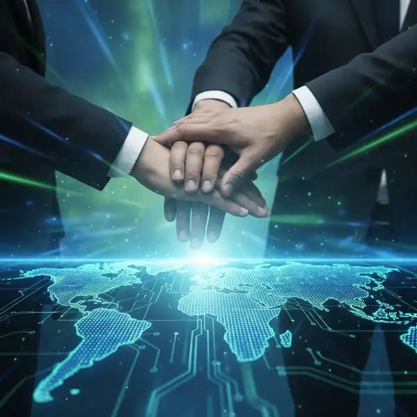 Illustration de plusieurs PME françaises s'alliant pour mutualiser leurs efforts en R&D, achats et export en 2026.