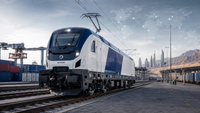 Locomotive électrique moderne inspirée d’Alstom dans un terminal ferroviaire international, symbolisant une commande industrielle de 800 millions d’euros, l’export français et le développement des infrastructures en Afrique, au Moyen-Orient et en Asie centrale.