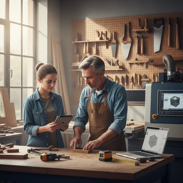 Un artisan et son apprenti travaillant ensemble dans un atelier, symbolisant la transmission des savoir-faire et les opportunités de l'alternance en 2026 pour les artisans.