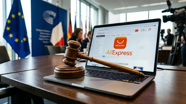 Logo de la Commission européenne et colis saisis illustrant l'amende Aliexpress UE de 550 millions d'euros.