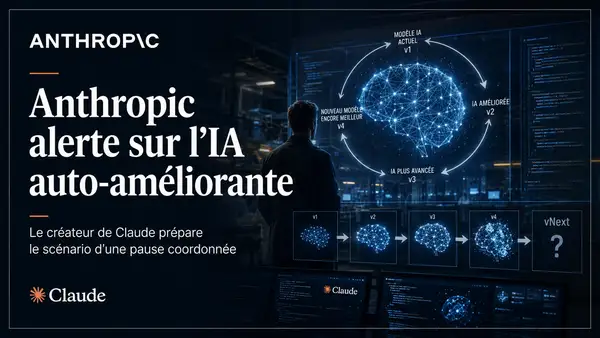 Illustration éditoriale d’Anthropic alertant sur une IA auto-améliorante, avec Claude, un cerveau numérique et une boucle d’évolution de modèles d’intelligence artificielle. Par Entreprisma 