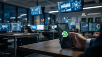 Illustration conceptuelle montrant le logo WhatsApp et le logo Meta, avec des flèches symbolisant l'interconnexion via une API Meta, au-dessus d'un graphique de croissance pour les PME.