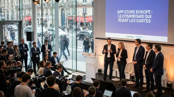 Le sujet illustré par un iPhone, l’App Store européen et des options de paiement