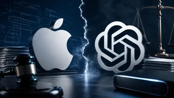 Les logos Apple et OpenAI se font face dans une mise en scène judiciaire, séparés par un éclair, avec un marteau de juge, une balance et des documents techniques en arrière-plan.
