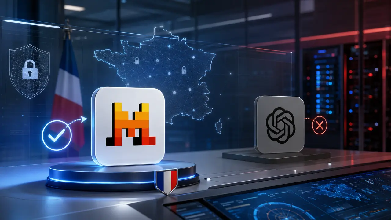 La cyberattaque de la DGFiP et le choix de la France de privilégier Mistral AI plutôt qu’OpenAI pour renforcer la cybersécurité des services publics, avec le logo Mistral AI mis en avant, le logo OpenAI en retrait, une carte numérique de la France, un drapeau français et une ambiance de centre de commandement cyber souverain.