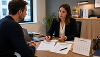 Responsable RH et salarié échangent dans un bureau autour de documents liés à un arrêt de travail et à une rupture conventionnelle, avec un calendrier indiquant septembre 2026.