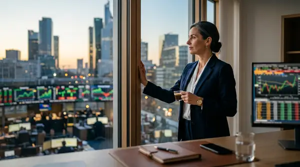 Un dirigeant d'entreprise, l'air pensif, devant un graphique financier, symbolisant les enjeux de l'Assurance du dirigeant et la réforme de 2026.