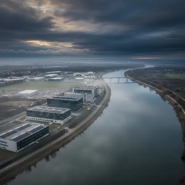 Une image de synthèse montrant une PME face à des défis climatiques, avec des graphiques de primes d'assurance en hausse et des symboles de risques naturels, illustrant l'impact sur l'assurance professionnelle des PME en 2026.