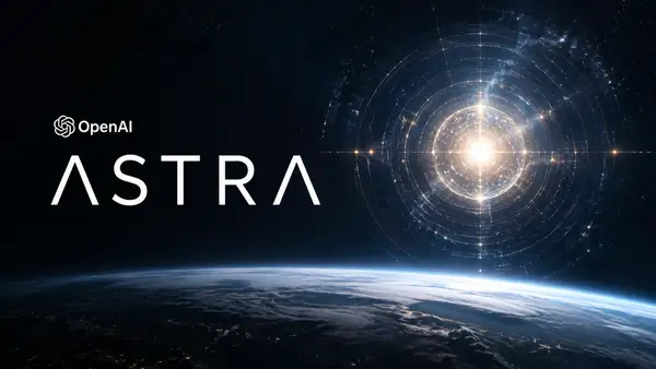 Astra d’OpenAI représenté par un noyau lumineux et des orbites numériques au-dessus de la Terre.