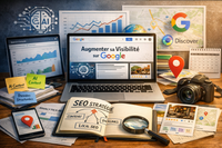 Infographie illustrant les différentes surfaces de visibilité Google (Search, Local, Images, Discover, IA) avec des flèches convergentes vers un objectif 'augmenter sa visibilité'.