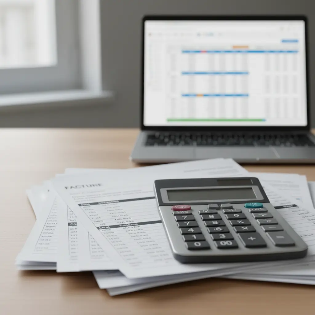 Un auto-entrepreneur perplexe devant des documents fiscaux et un calendrier affichant 2026, symbolisant les défis de l'auto-entrepreneur TVA 2026.