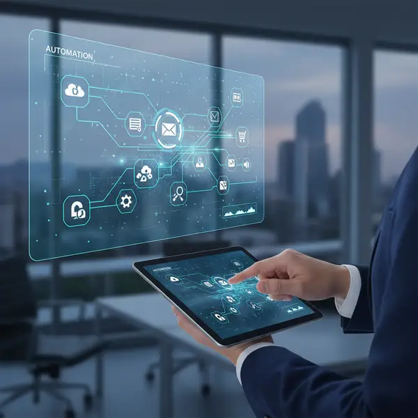 Illustration de rouages connectés symbolisant l'automatisation des PME avec les logos Make et Zapier, représentant l'efficacité et la rentabilité.
