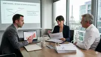 Trois décideurs économiques en réunion stratégique dans un bureau parisien, analysant des statistiques sur la hausse des défaillances d'entreprises et étudiant un rapport sur la réforme des impôts de production pour soutenir la compétitivité industrielle. Par Entreprisma