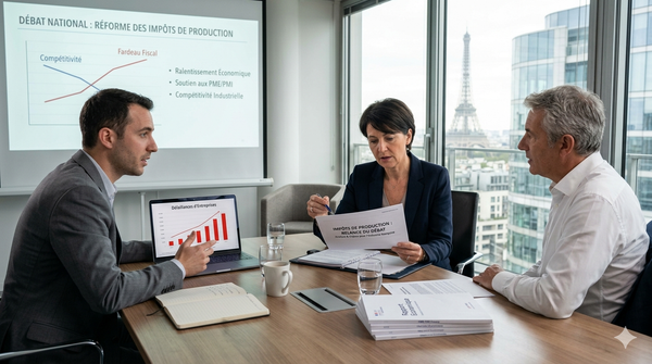Trois décideurs économiques en réunion stratégique dans un bureau parisien, analysant des statistiques sur la hausse des défaillances d'entreprises et étudiant un rapport sur la réforme des impôts de production pour soutenir la compétitivité industrielle. Par Entreprisma