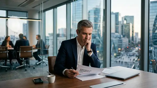 Illustration d'un dirigeant de PME devant un tableau de bord, symbolisant la prise de décision stratégique face au Barème prud'homal 2026.
