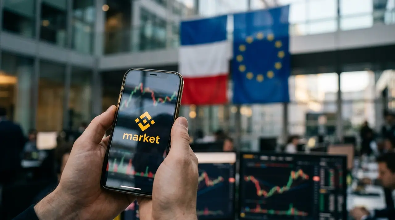 Logo de Binance France cryptos sur fond de drapeaux européen et français pour illustrer MiCA.