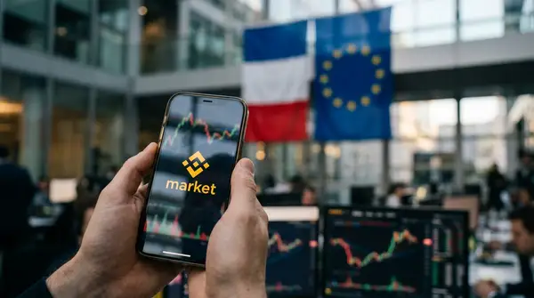 Logo de Binance France cryptos sur fond de drapeaux européen et français pour illustrer MiCA.