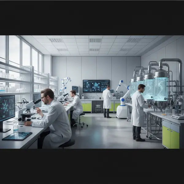 Laboratoire de biotechnologie français en 2026, avec des chercheurs et des équipements de pointe, illustrant les levées de fonds records et l'innovation en santé.