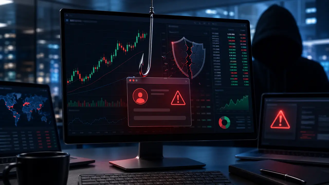 Illustration de presse montrant l’alerte de l’AMF contre BitKelTrade, une fausse plateforme de trading présentée comme frauduleuse. L’image met en scène un écran d’ordinateur affichant le site fictif BitKelTrade avec promesses de gains élevés, graphiques boursiers en hausse et arguments commerciaux trompeurs, entouré de faux articles imitant des médias économiques et financiers. Un bandeau rouge “Alerte AMF” et plusieurs encarts de mise en garde soulignent le risque d’arnaque au trading, l’usurpation d’identité de médias, les promesses de rendements irréalistes et le danger de perte totale des fonds. Cette illustration représente la mise en garde de l’Autorité des marchés financiers contre les plateformes non autorisées et les escroqueries financières en ligne.