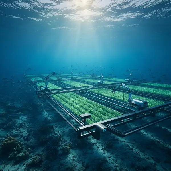 Illustration d'une innovation technologique marine, avec des algorithmes d'IA analysant des Blue Economy ressources sous-marines, symbolisant la durabilité et l'économie bleue.