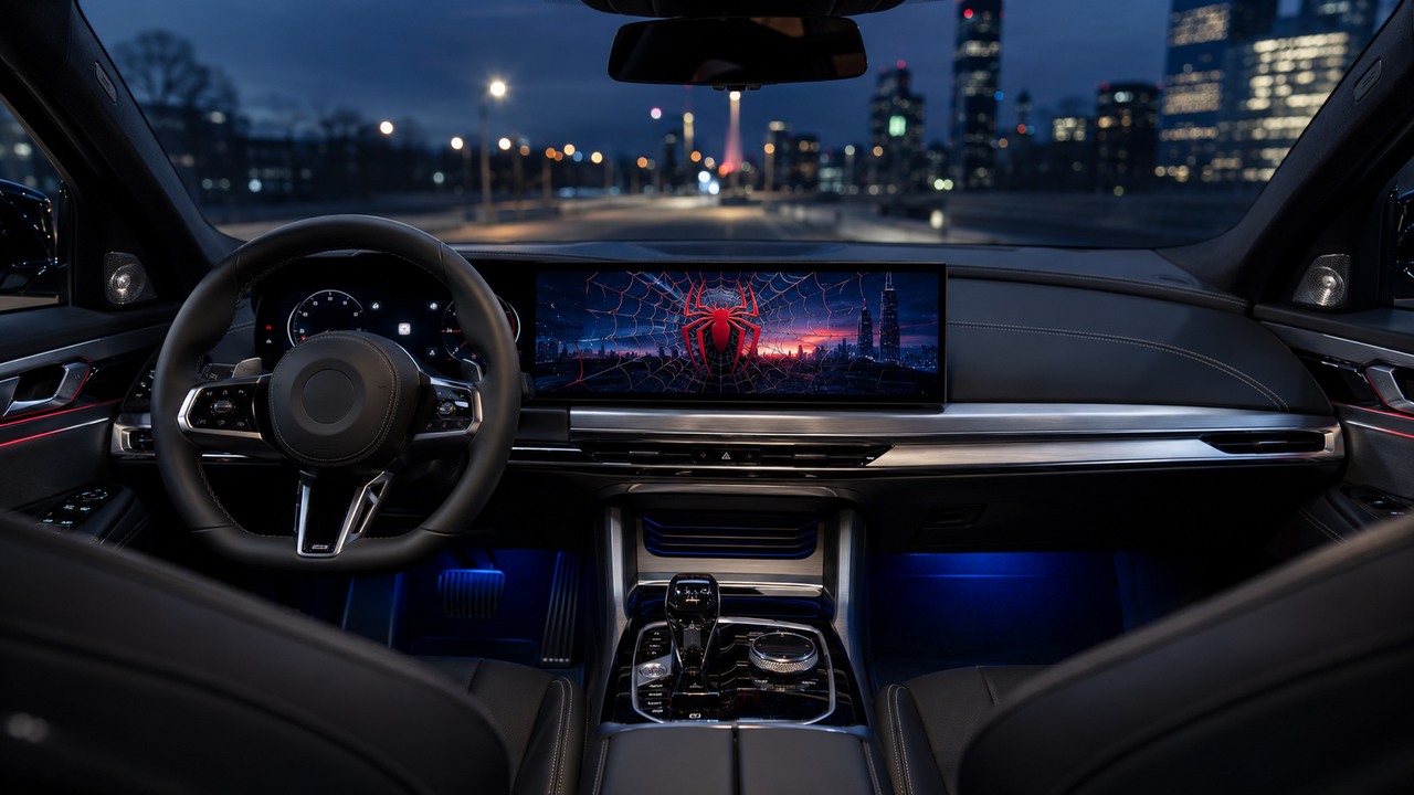 Pub spider-man BMW affichée sur l’écran embarqué d’un véhicule de la marque