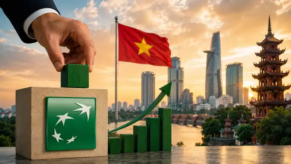 Illustration de BNP Paribas investissant au Vietnam, avec l’identité visuelle de la banque française, le drapeau vietnamien, la skyline de Hô Chi Minh-Ville et une représentation de croissance financière, en référence aux discussions pour une prise de participation d’au moins 15 % dans Techcombank pouvant atteindre 2 milliards de dollars.