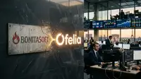 Illustration du logo Bonitasoft se transformant en Ofelia, symbolisant la transition vers l'IA et la réinvention d'une entreprise technologique.