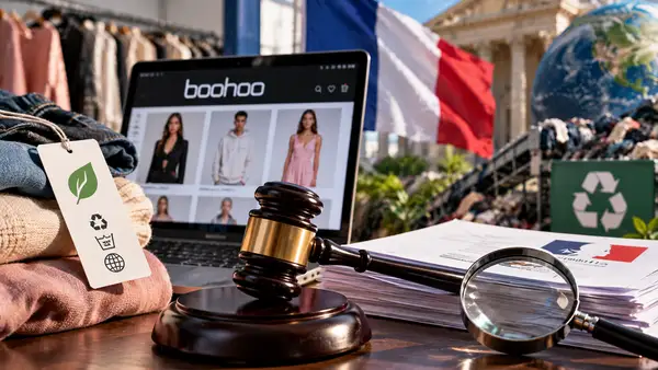 Illustration de la sanction de Boohoo par la DGCCRF en France, avec boutique de vêtements en ligne Boohoo, textiles de fast fashion, marteau de justice et documents de contrôle symbolisant l’amende de 224 950 euros et les obligations d’information environnementale applicables aux produits textiles.