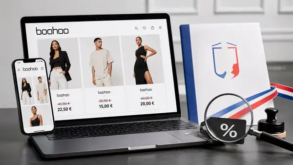 Illustration professionnelle d’un ordinateur portable et d’un smartphone affichant une interface de vente Boohoo avec des articles de mode, des prix barrés et des promotions, accompagnés d’une loupe, d’une étiquette de réduction et d’éléments aux couleurs françaises pour représenter l’amende infligée à Boohoo en France par la DGCCRF pour pratiques commerciales trompeuses et fausses promotions dans la fast fashion.