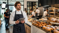 Jeune artisan boulanger tenant une tablette dans une boulangerie moderne, entouré de son équipe et d’un tournage, illustrant la transformation des métiers artisanaux en véritables entreprises de marque, de production et de visibilité.