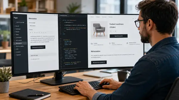 Illustration d'un bouton de rétractation clair et visible sur un écran d'ordinateur, symbolisant la nouvelle réglementation e-commerce de 2026.
