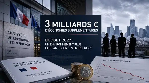 Visuel éditorial montrant le ministère de l’Économie et des Finances, un panneau indiquant 3 milliards d’euros d’économies supplémentaires, des documents du budget 2027, des pièces en euros et une courbe de croissance française en baisse, symbolisant la rigueur budgétaire à venir pour les entreprises.