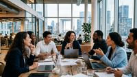 Plusieurs personnes de diverses nationalités européennes travaillant ensemble sur un projet technologique, symbolisant l'initiative "Built in Europe" et l'union des talents.
