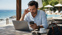 Cadre consultant son smartphone et son ordinateur portable pendant ses vacances au bord de la mer, illustrant l’hyperconnexion professionnelle.