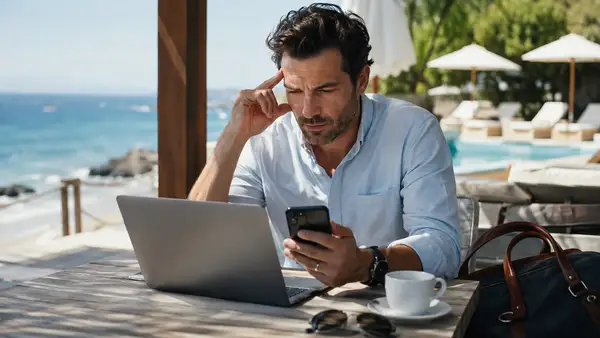 Cadre consultant son smartphone et son ordinateur portable pendant ses vacances au bord de la mer, illustrant l’hyperconnexion professionnelle.