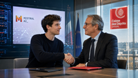 Illustration réaliste d’un accord entre Mistral AI et la Caisse des Dépôts, avec deux dirigeants se serrant la main dans un environnement professionnel et technologique, devant les logos des deux organisations.