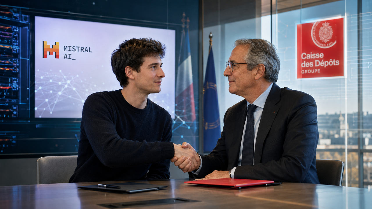 Illustration réaliste d’un accord entre Mistral AI et la Caisse des Dépôts, avec deux dirigeants se serrant la main dans un environnement professionnel et technologique, devant les logos des deux organisations.