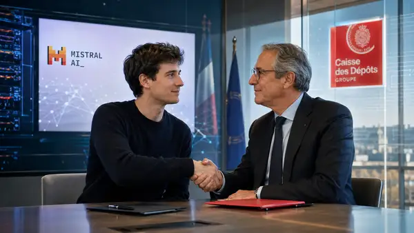 Illustration réaliste d’un accord entre Mistral AI et la Caisse des Dépôts, avec deux dirigeants se serrant la main dans un environnement professionnel et technologique, devant les logos des deux organisations.