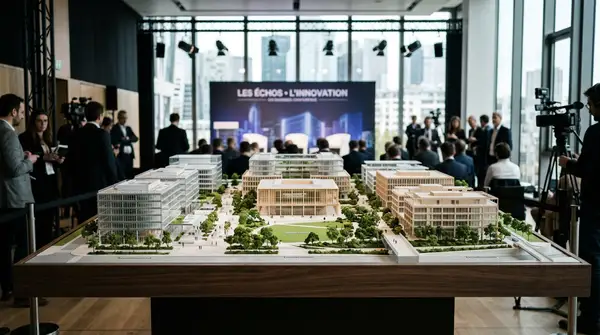 Vue aérienne futuriste du Campus Santé Grand Paris Nord, avec des bâtiments modernes et des espaces verts, symbolisant l'innovation et la recherche.