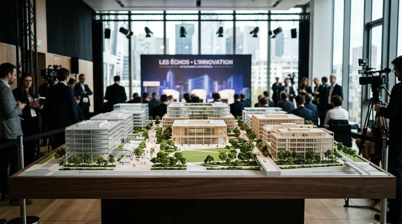 Vue aérienne futuriste du Campus Santé Grand Paris Nord, avec des bâtiments modernes et des espaces verts, symbolisant l'innovation et la recherche.
